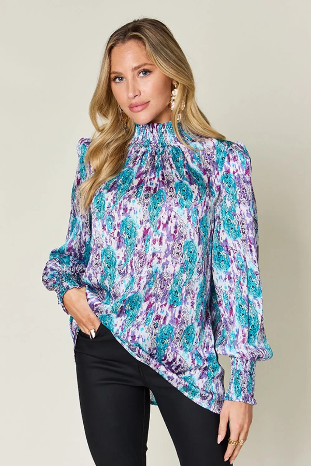 Double Take Full Size Printed Smocked Long Sleeve Blouse - -