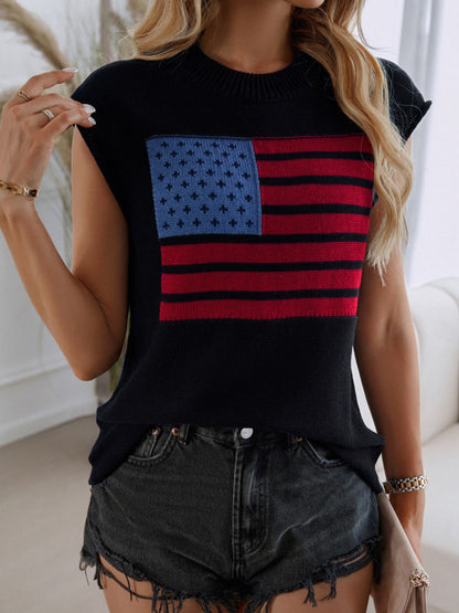 Devine US Flag Round Neck Sweater Vest - Black -