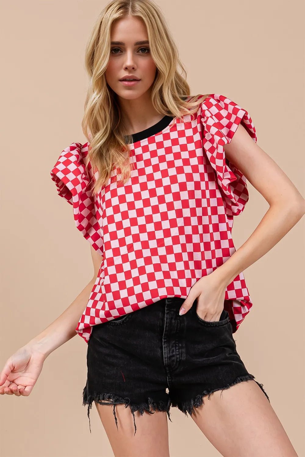Oh Checkered Round Neck Puff Sleeve Blouse - Red -