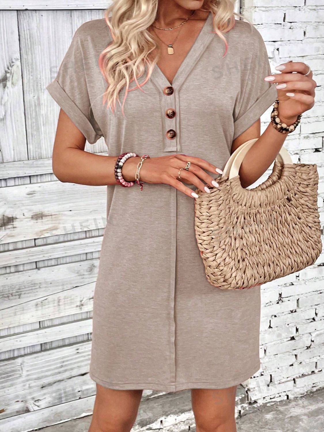 Quarter Button V-Neck Short Sleeve Dress - -