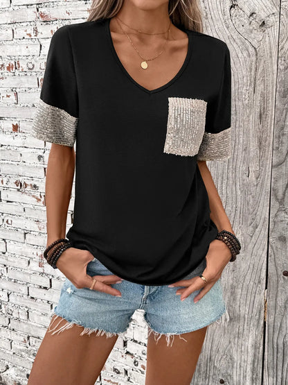 Sequin V-Neck Short Sleeve T-Shirt - -