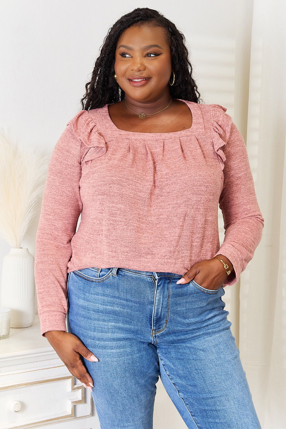Double Take Square Neck Ruffle Shoulder Long Sleeve T-Shirt - Dusty Pink -
