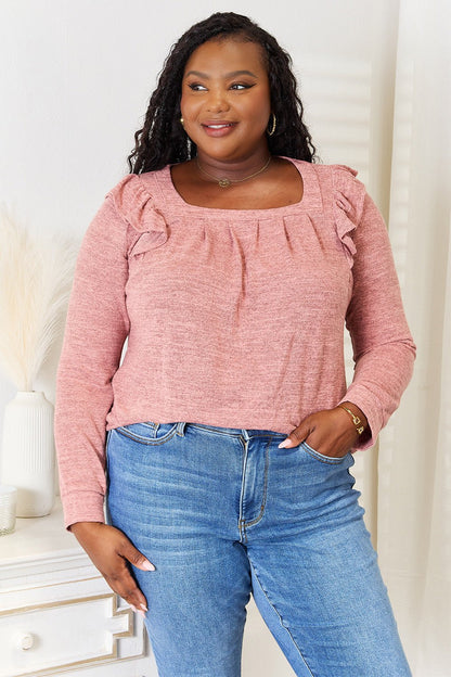 Double Take Square Neck Ruffle Shoulder Long Sleeve T-Shirt - Dusty Pink -