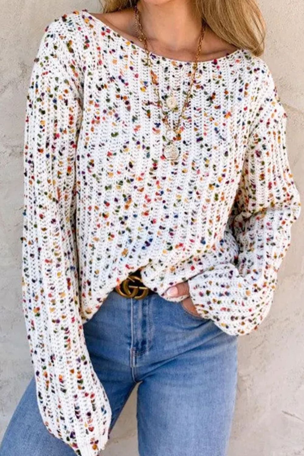 Twisted Confetti Boat Neck Sweater - White -