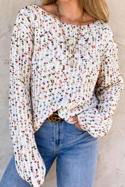 Twisted Confetti Boat Neck Sweater - White -