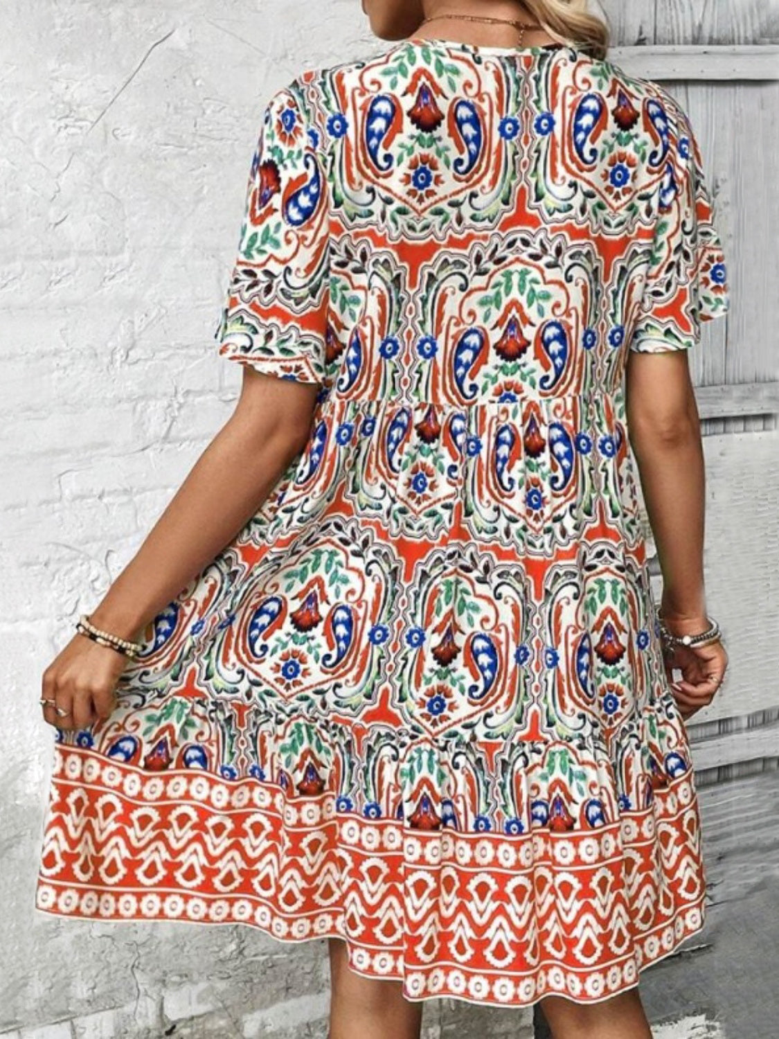 Printed Tie Neck Short Sleeve Dress - -