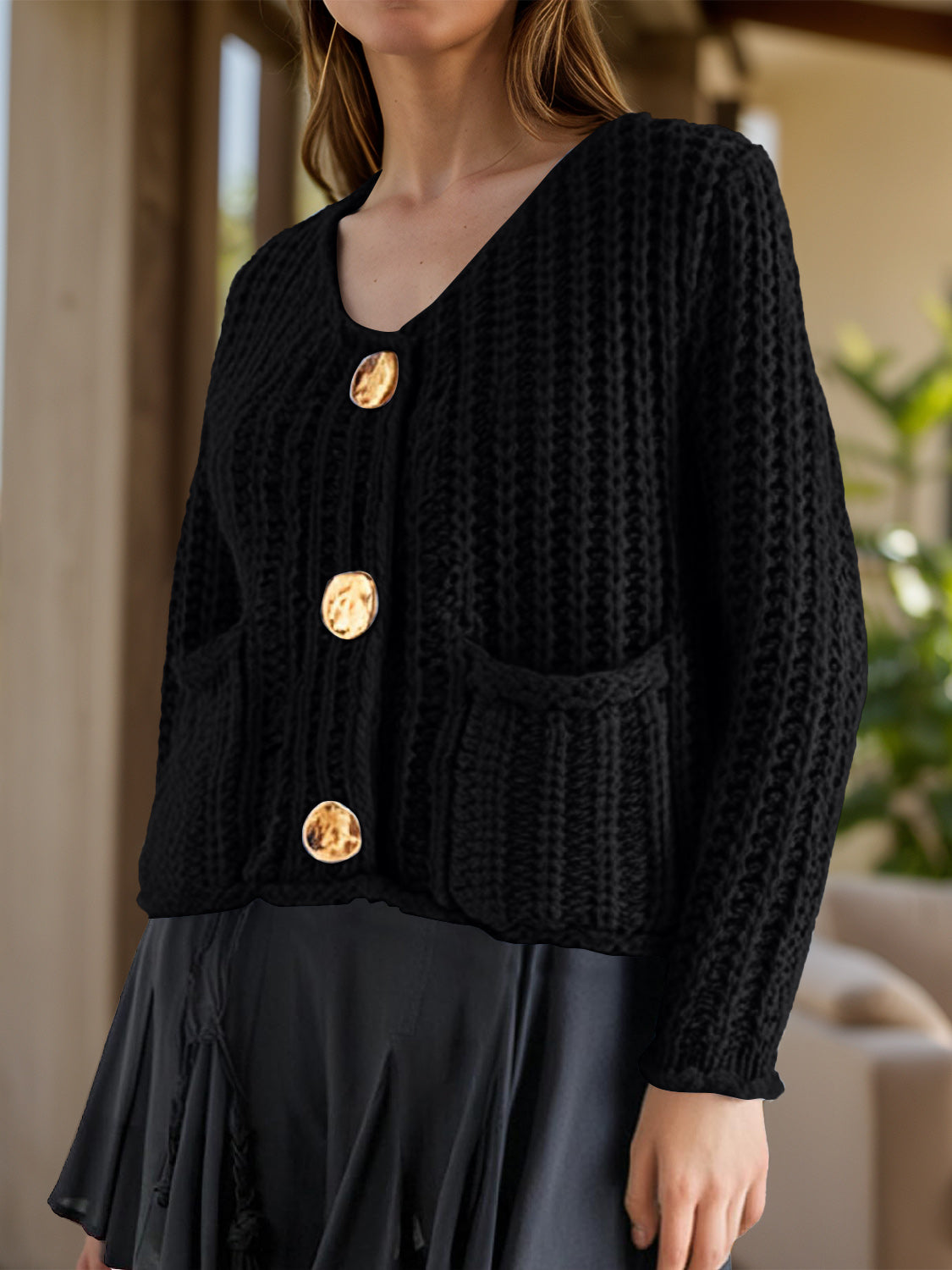 Chunky Knit Button-Down Cardigan – Gold Accent & Soft Texture - Black -