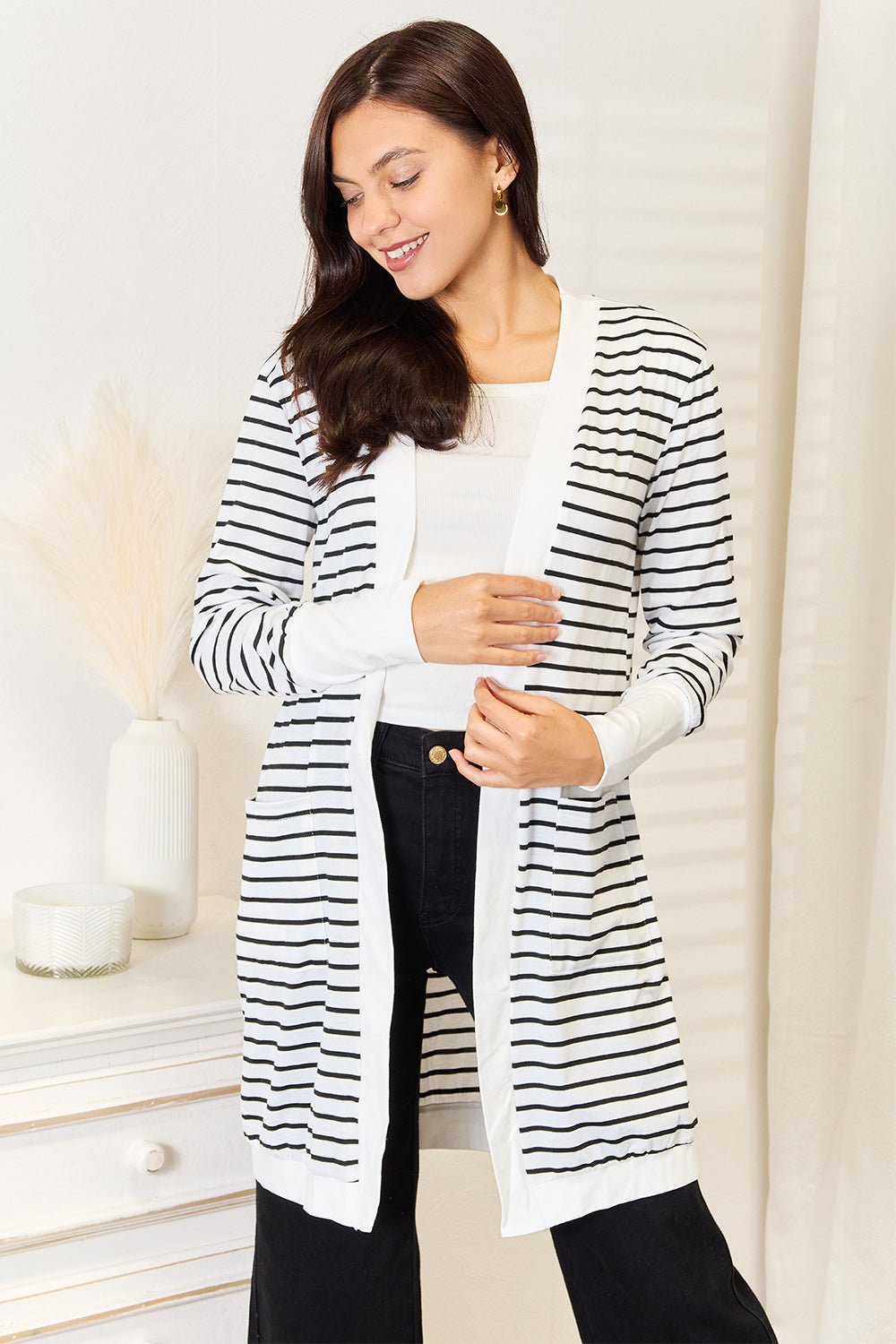 Double Take Striped Open Front Longline Cardigan - -