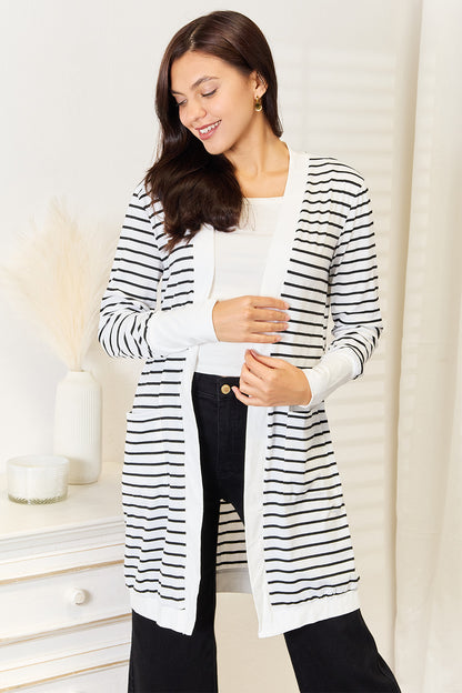 Double Take Striped Open Front Longline Cardigan - -