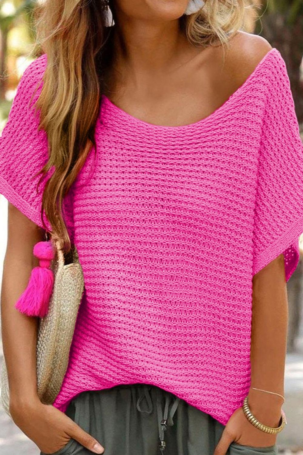 Boat Neck Short Sleeve Sweater - Hot Pink -