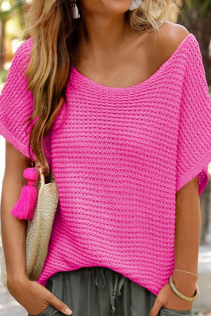 Boat Neck Short Sleeve Sweater - Hot Pink -