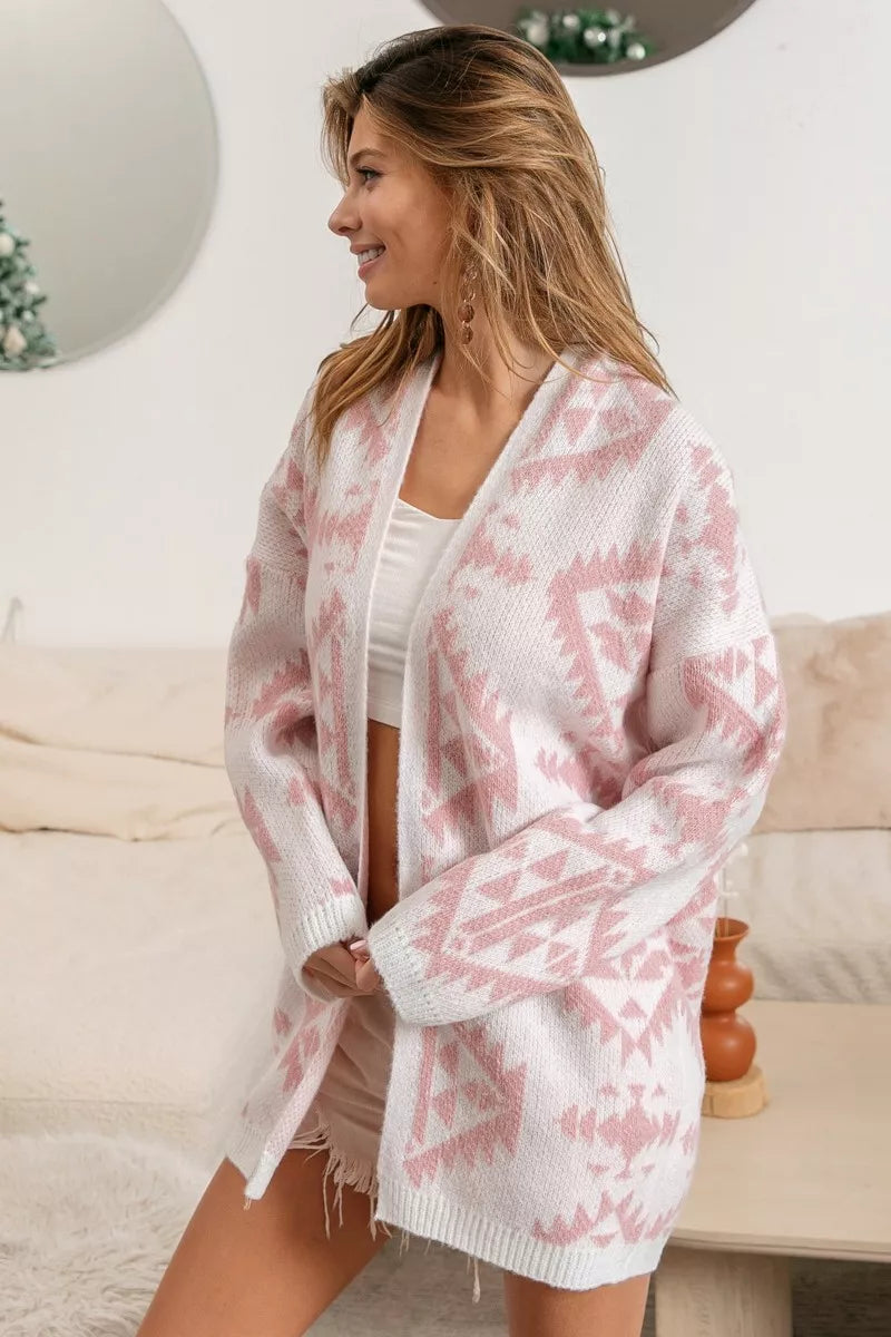 Pink Aztec Knit Cardigan in white and pink with geometric pattern and soft knit fabric.