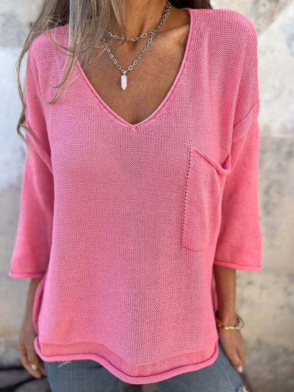 Full Size Casual V-Neck Knit Sweater Plus Size - -