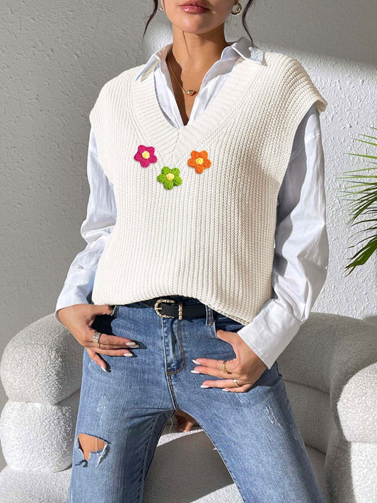 Flower V-Neck Sweater Vest - Ivory One Size -