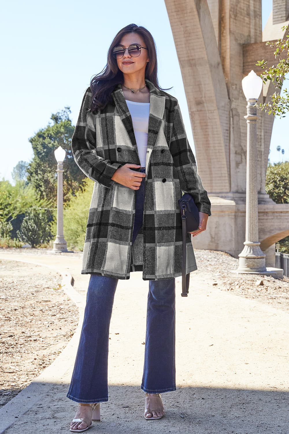 Double Take Full Size Plaid Button Up Lapel Collar Coat - Black -