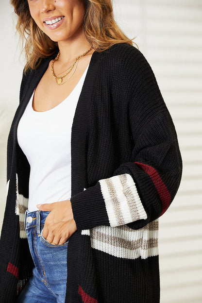 Perfee Striped Rib - Knit Drop Shoulder Open Front Cardigan – | Shannon’s Chique Boutique
