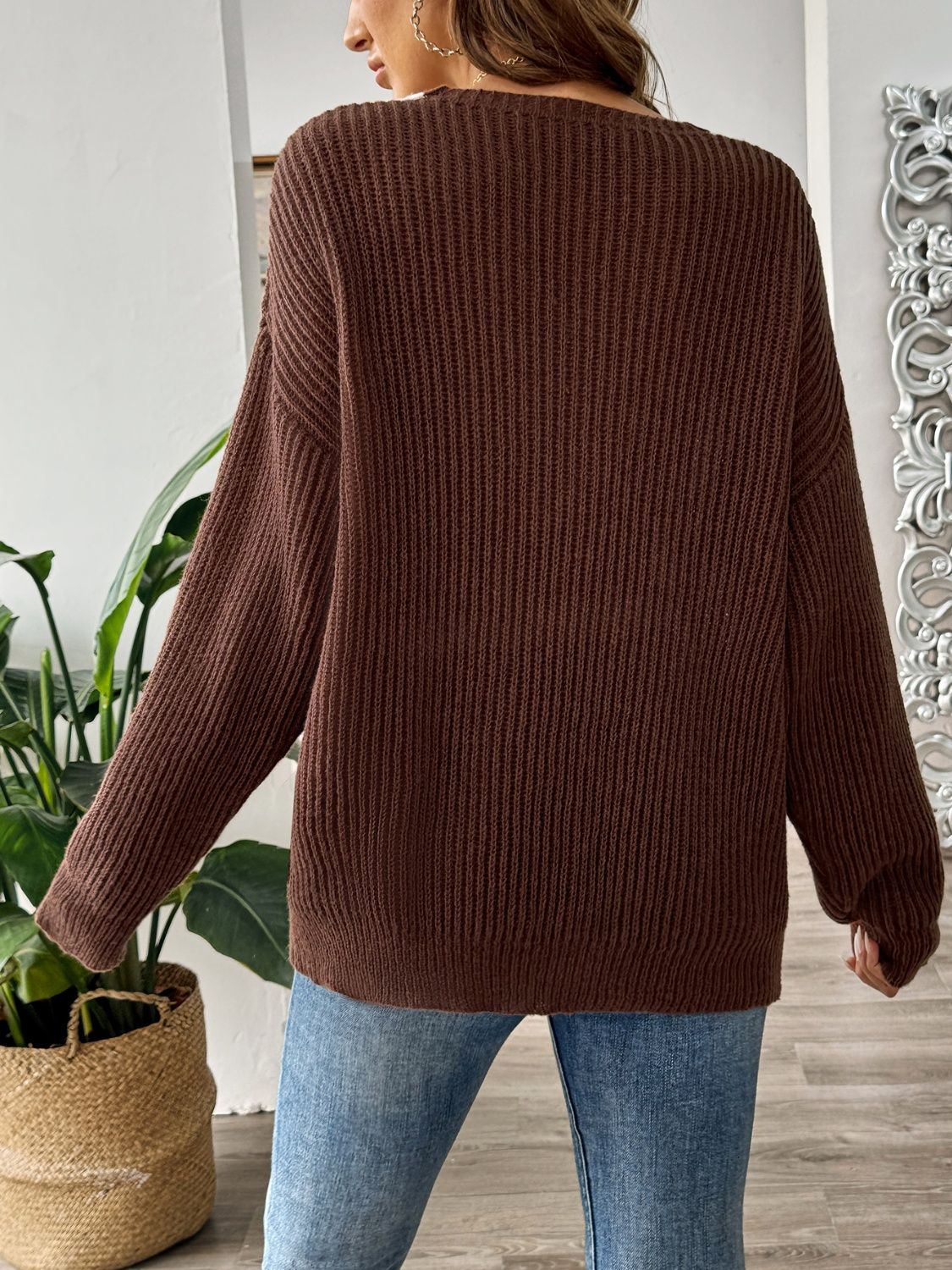 Contrast Dropped Shoulder Long Sleeve Sweater - -
