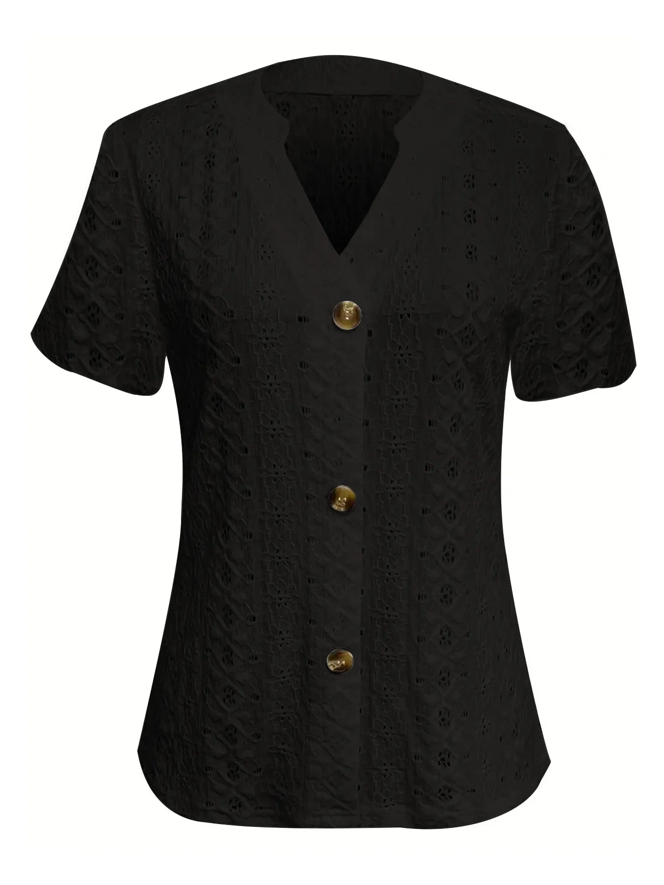 Openwork Notched Short Sleeve Top – Button Detail Summer Chique - -