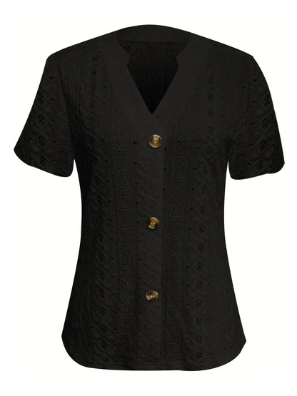 Openwork Notched Short Sleeve Top – Button Detail Summer Chique - -