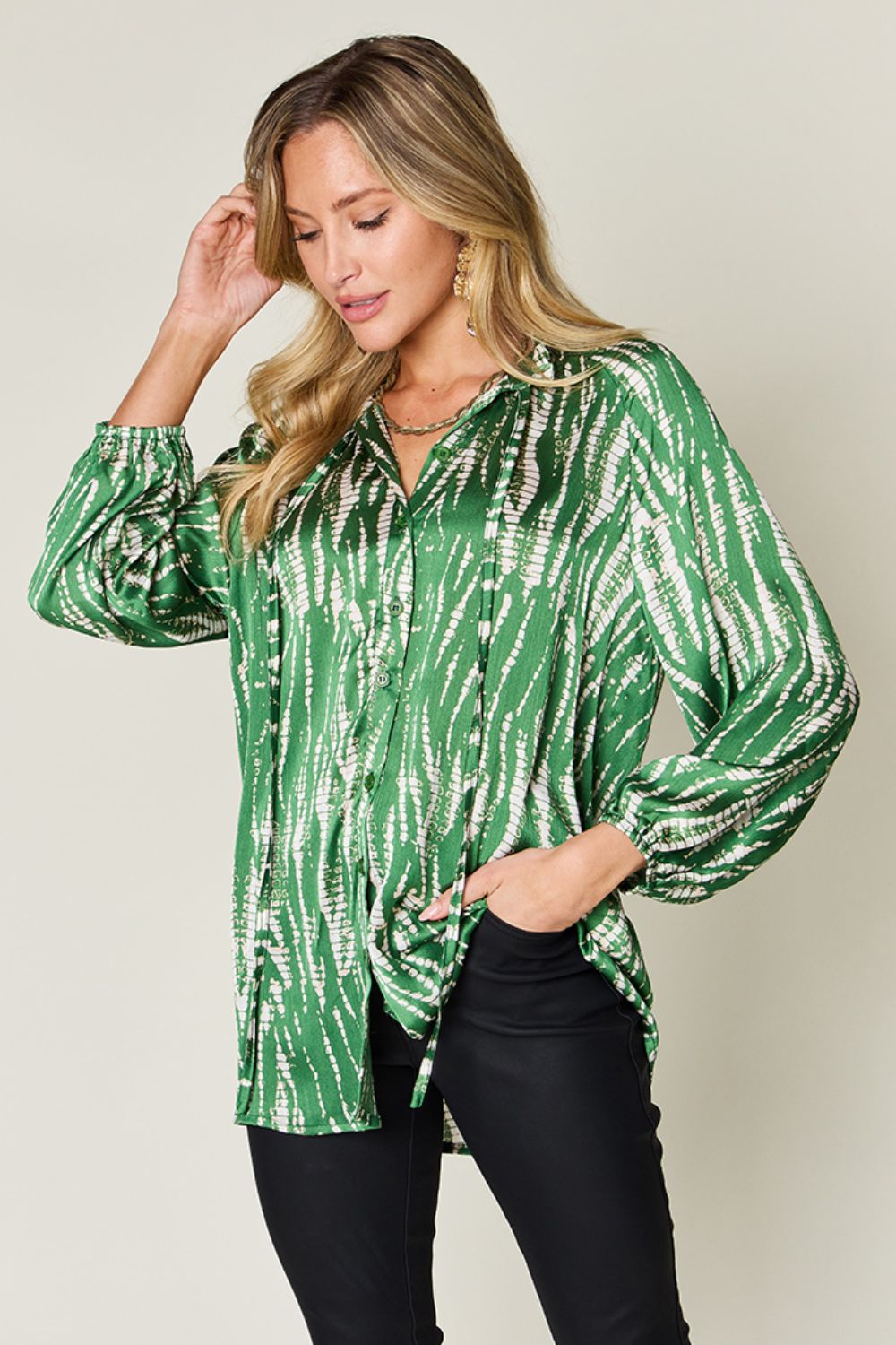 Double Take Full Size Printed Button Up Long Sleeve Shirt - -
