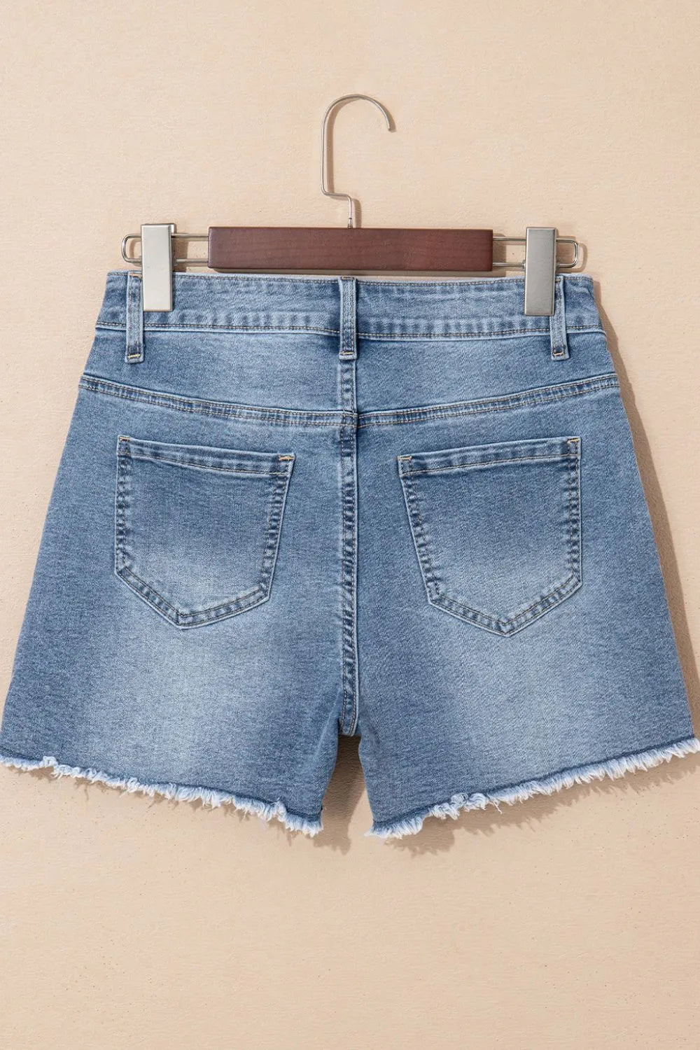 Pearl Beaded Raw Hem Wash Denim Shorts - -