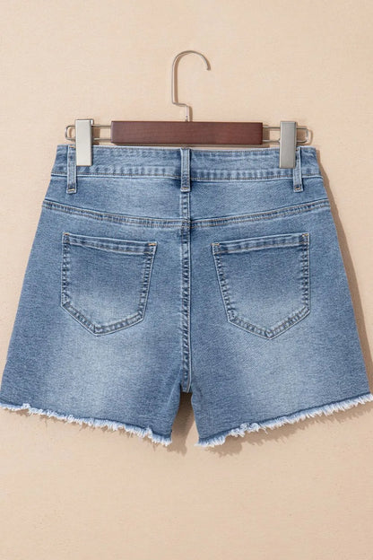 Pearl Beaded Raw Hem Wash Denim Shorts - -