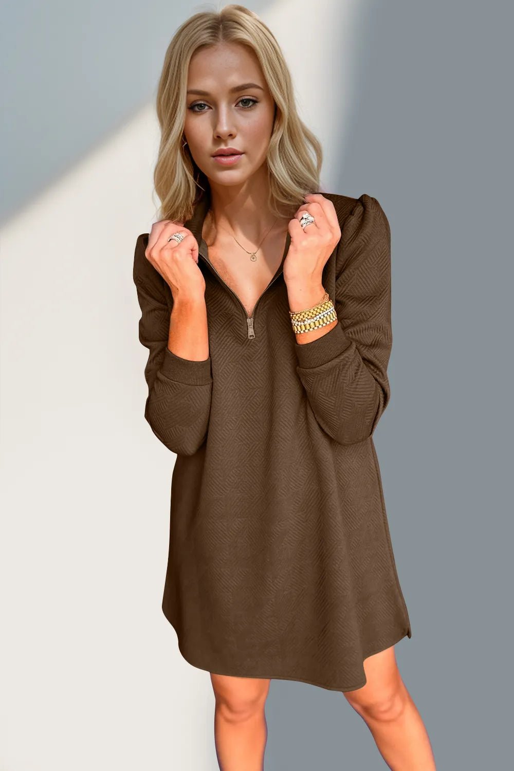 Double Take Textured Quarter Zip Long Sleeve Dress - -