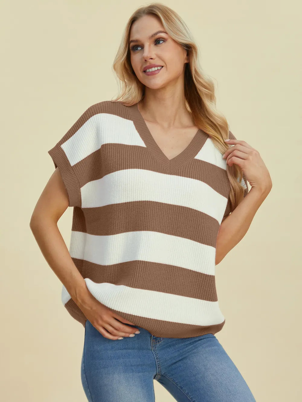 Double Take Full Size Striped V-Neck Short Sleeve Sweater - -