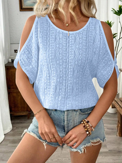 Eyelet Cold Shoulder Round Neck Blouse - -