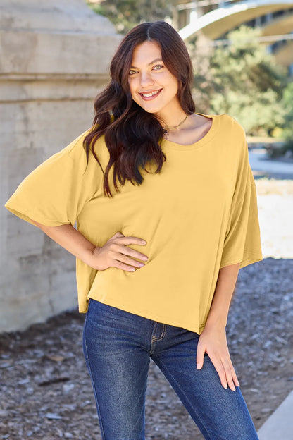 Basic Bae Bamboo Full Size Round Neck Drop Shoulder T-Shirt - Yellow -