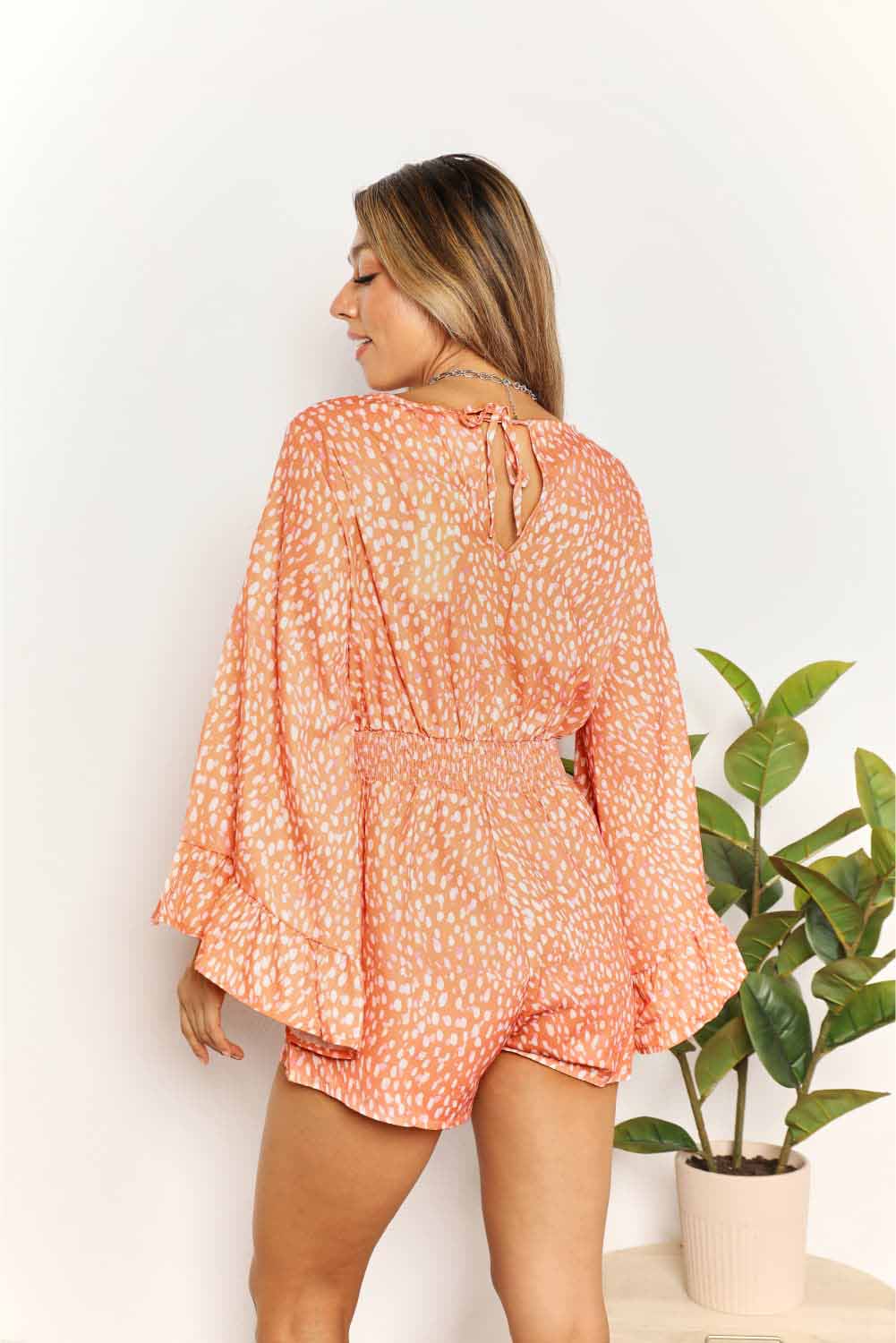 Double Take Printed Flare Sleeve Surplice Romper - -
