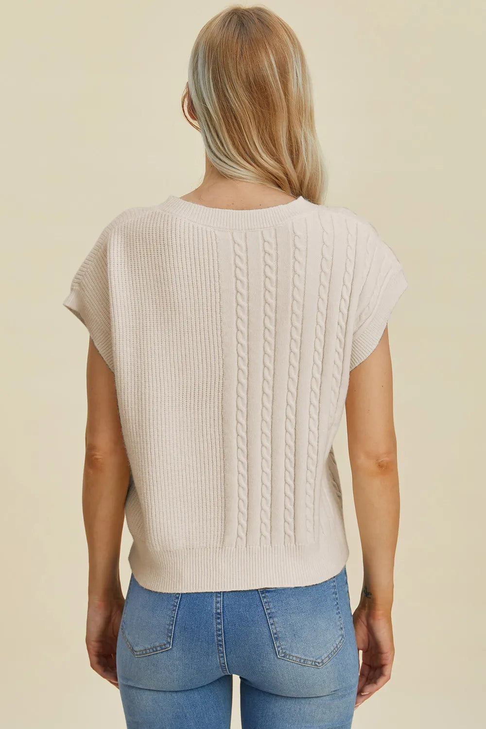 Double Take Full Size Cable-Knit Round Neck Short Sleeve Sweater - -