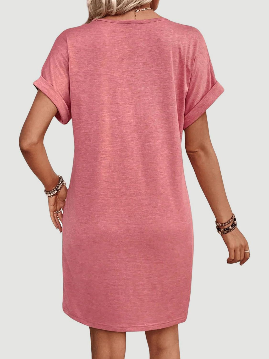 Quarter Button V-Neck Short Sleeve Dress - -