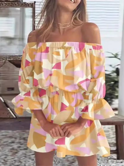 Full Size Floral Off-Shoulder Flounce Sleeve Mini Dress Plus Size - Sherbet -