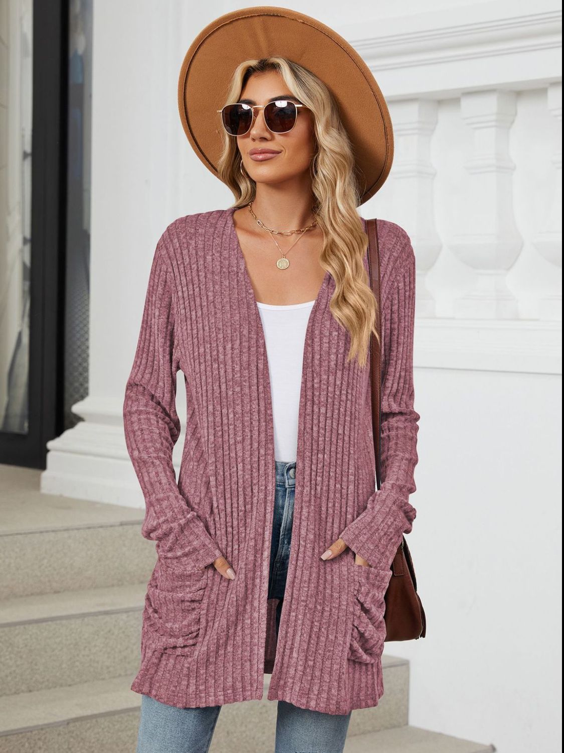 Pocketed Open Front Long Sleeve Cardigan - -
