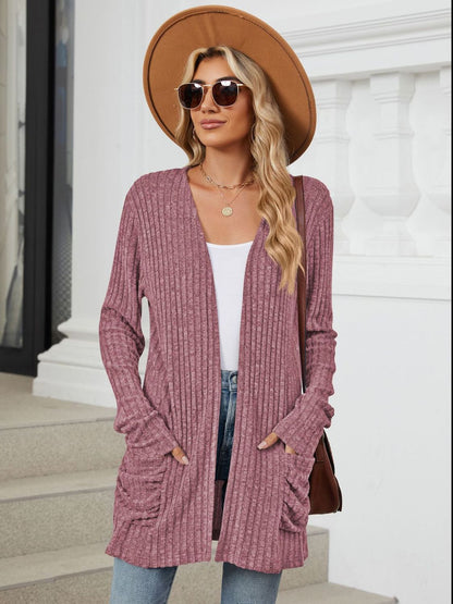Pocketed Open Front Long Sleeve Cardigan - -