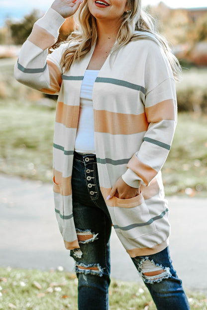 Plus Size Striped Open Front Cardigan - Beige -