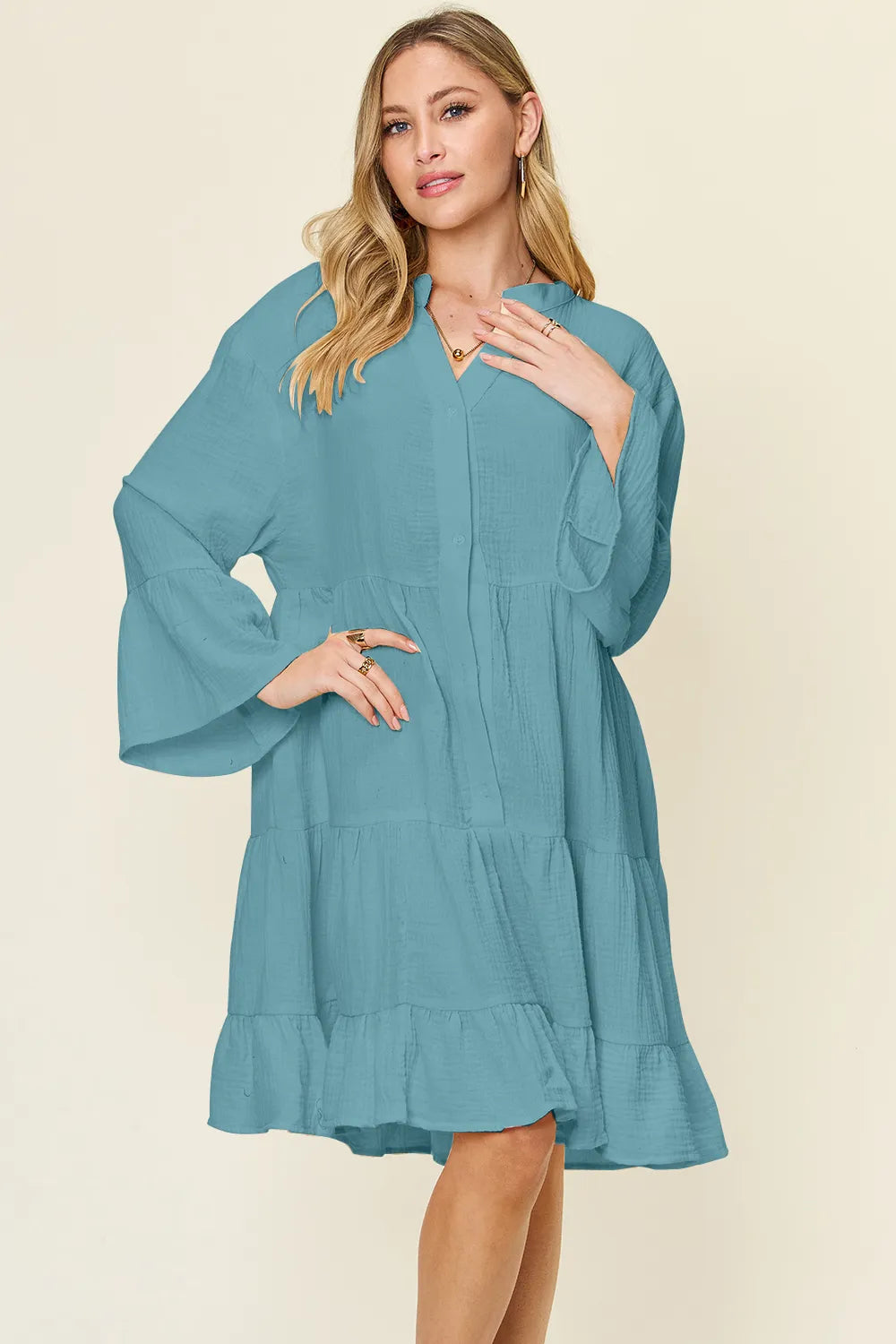 Double Take Full Size Texture Button Up Ruffle Hem Dress - Cerulean -