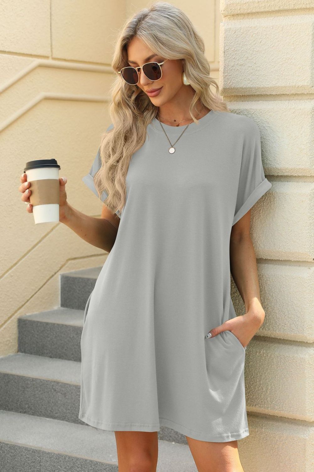 Florira Short Sleeve Mini Dress with Pockets - Light Gray -