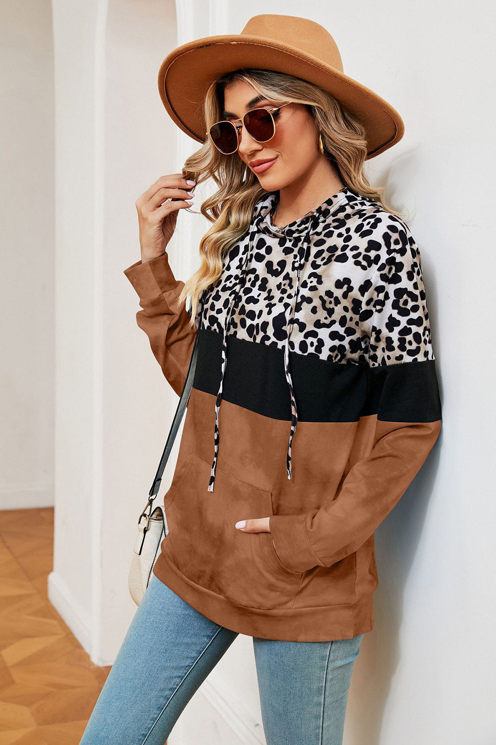 Leopard Drawstring Hoodie with Pocket