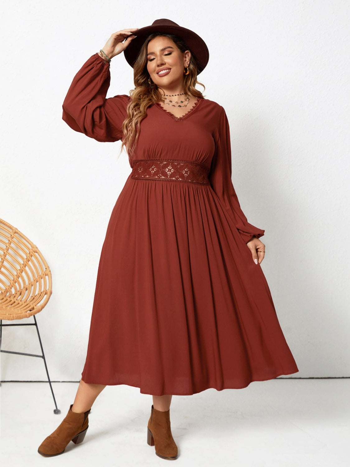 Plus Size Lace Detail V-Neck Balloon Sleeve Dress - Brown -