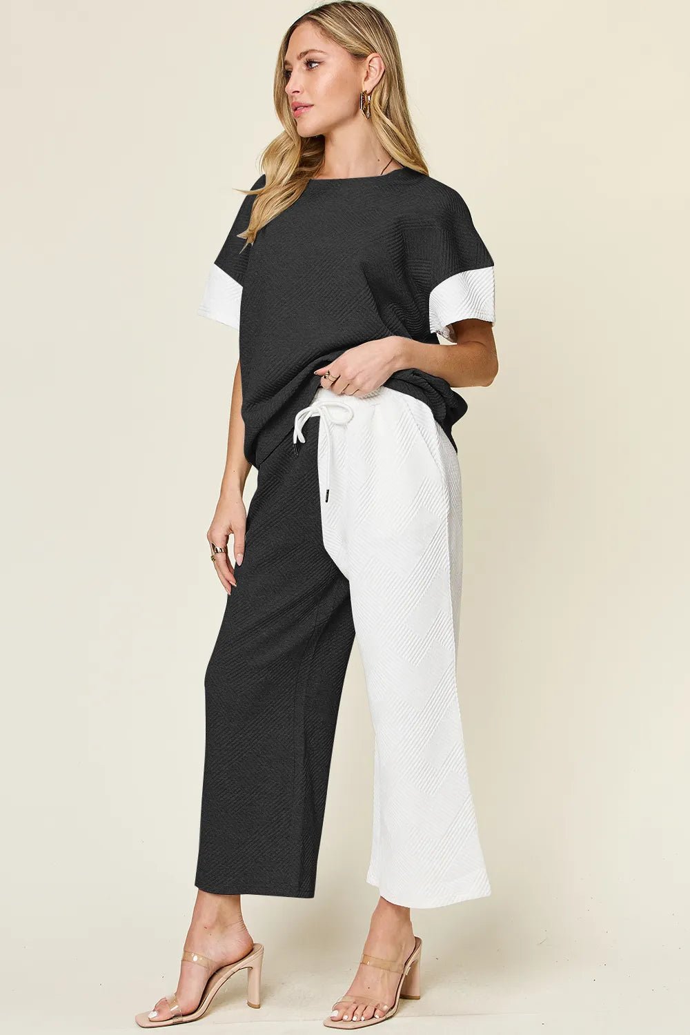 Double Take Full Size Texture Contrast T-Shirt and Wide Leg Pants Set - -