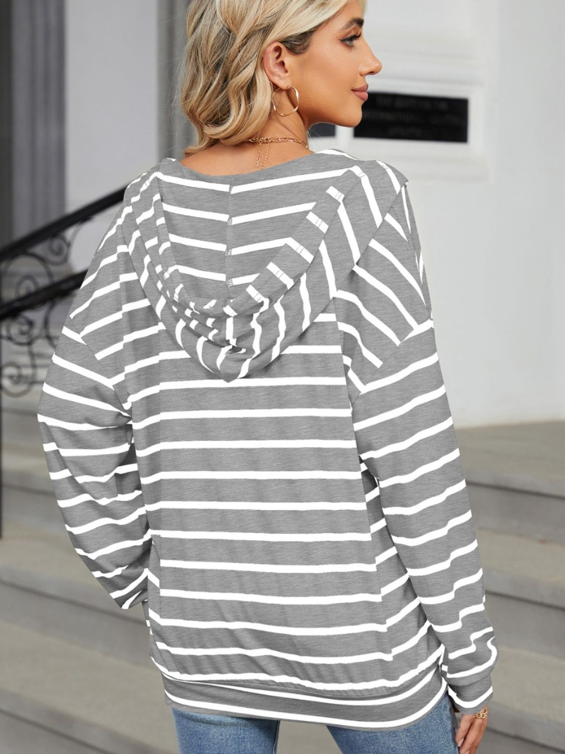 Drawstring Striped Long Sleeve Hoodie - -