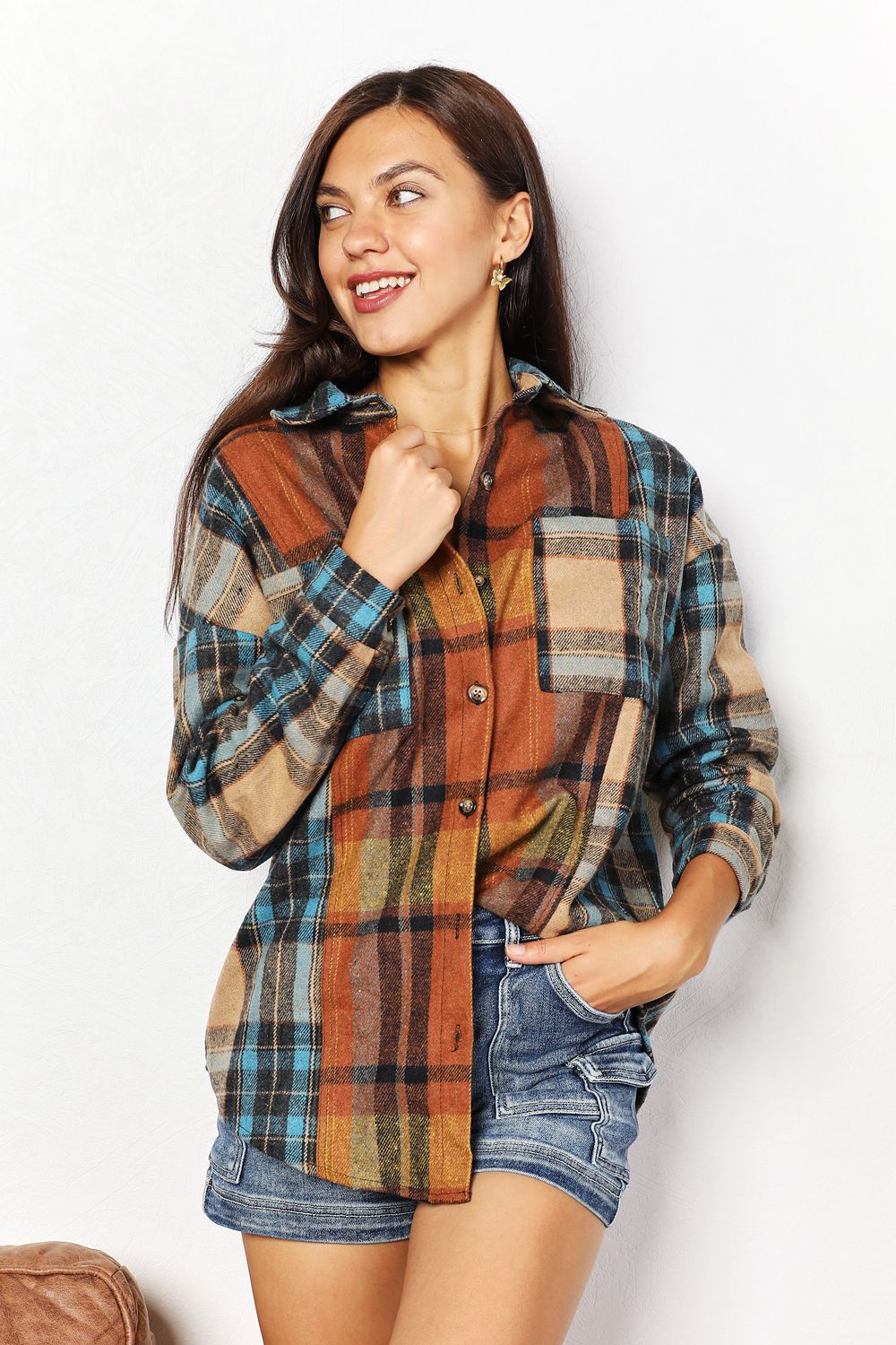 Double Take Plaid Curved Hem Shirt Jacket with Breast Pockets - Plaid -