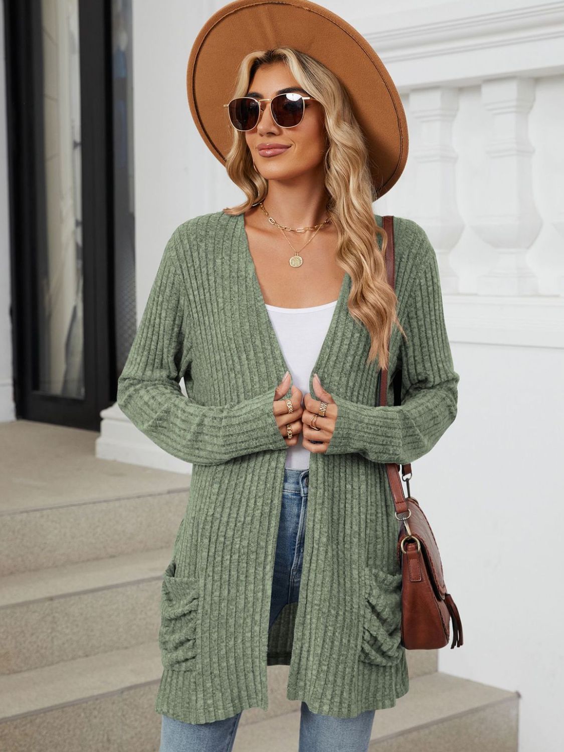 Pocketed Open Front Long Sleeve Cardigan - -