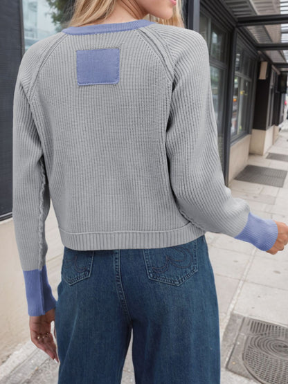 Contrast Button Up Long Sleeve Cardigan - -