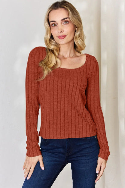 Basic Bae Full Size Ribbed Long Sleeve T-Shirt - Rust -
