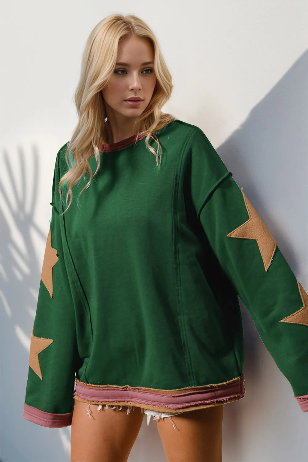 Double Take Star Patched Long Sleeve Sweatshirt – | Shannon’s Chique Boutique