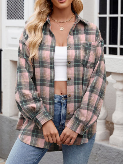 Mandy Plaid Collared Neck Long Sleeve Shirt - -