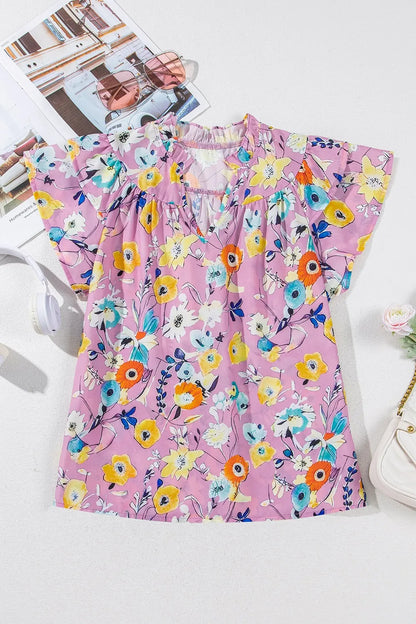 Printed Notched Double Layered Ruffle Sleeve Blouse - -